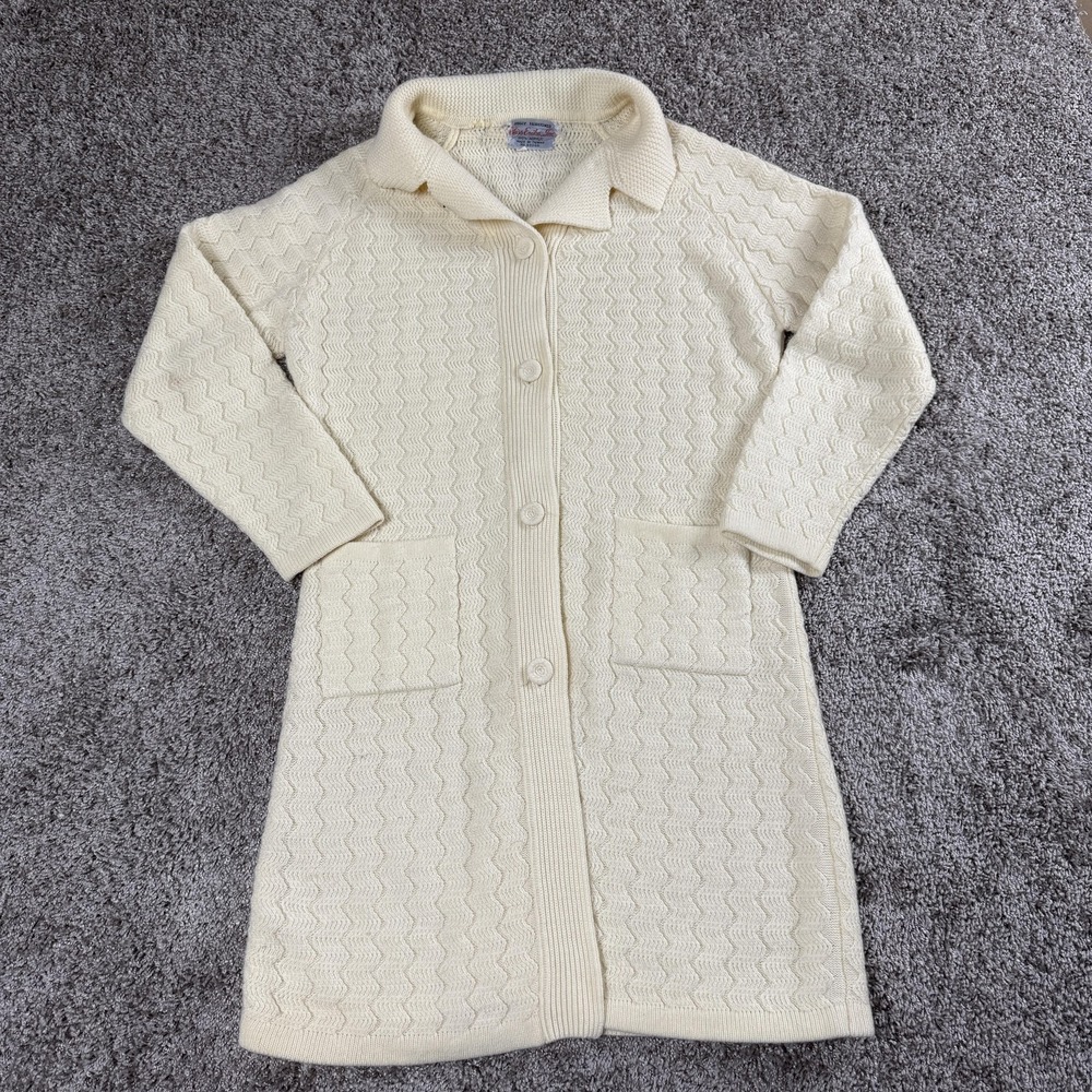 VTG Miss Erika Womens Long Cardigan Sweater Coat Medium Cream Knit Button Front